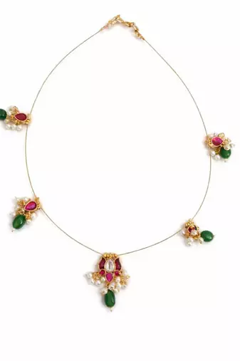 Padma Noor Lotus Wire Necklace with Pearl Drops & Red Green Stones | 18K Gold Plated