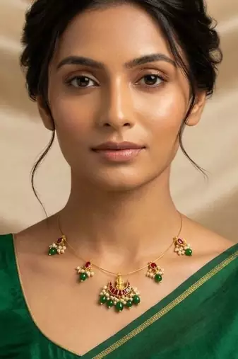 Lakshmi Noor Kundan Pearl Wire Necklace | Temple Lakshmi Festive Jewellery | 18K Gold Plated