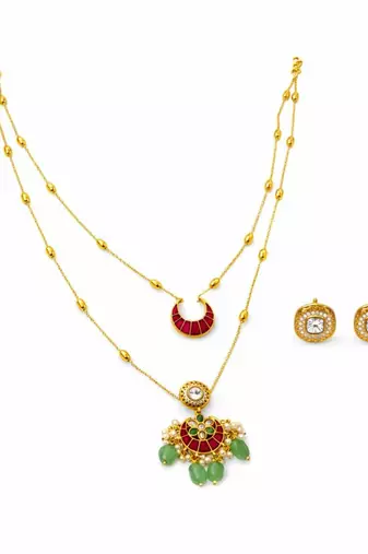 Noor Chand Kundan Necklace & Earrings Set | Women’s Multi-Color Double Layer 18K Gold Plated Festive Jewellery