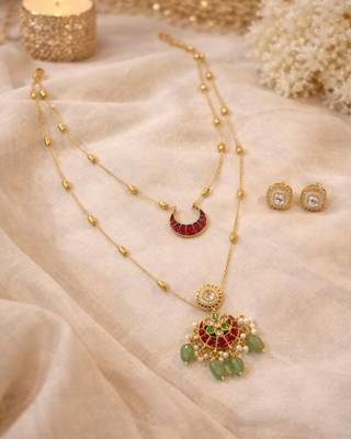 Noor Chand Kundan Necklace & Earrings Set | Women’s Multi-Color Double Layer 18K Gold Plated Festive Jewellery 3