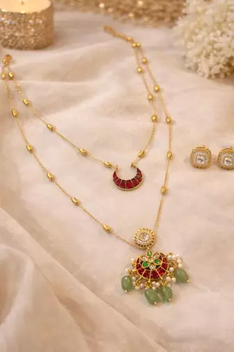 Noor Chand Kundan Necklace & Earrings Set | Women’s Multi-Color Double Layer 18K Gold Plated Festive Jewellery