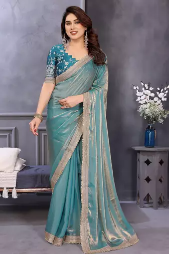 Sky blue fandy satin saree with embroidered lace border and matching blouse piece