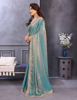 sky blue party wear satin saree with lace border 2