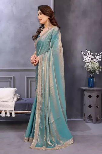 sky blue party wear satin saree with lace border