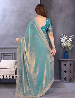 sky blue party wear satin saree with lace border 4