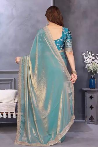 sky blue party wear satin saree with lace border