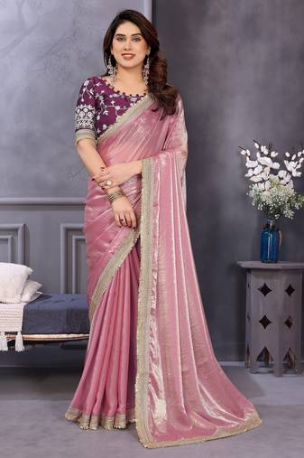 Pink fandy satin saree with embroidered lace border and matching blouse piece