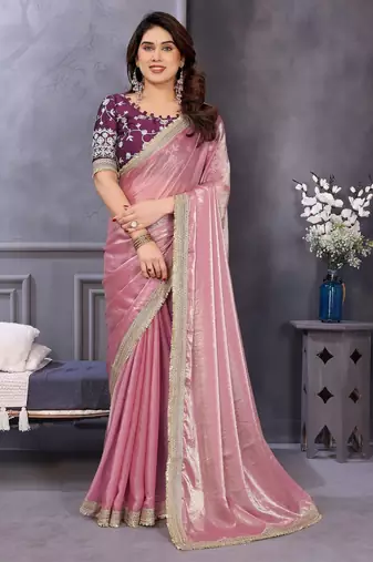 Pink fandy satin saree with embroidered lace border and matching blouse piece