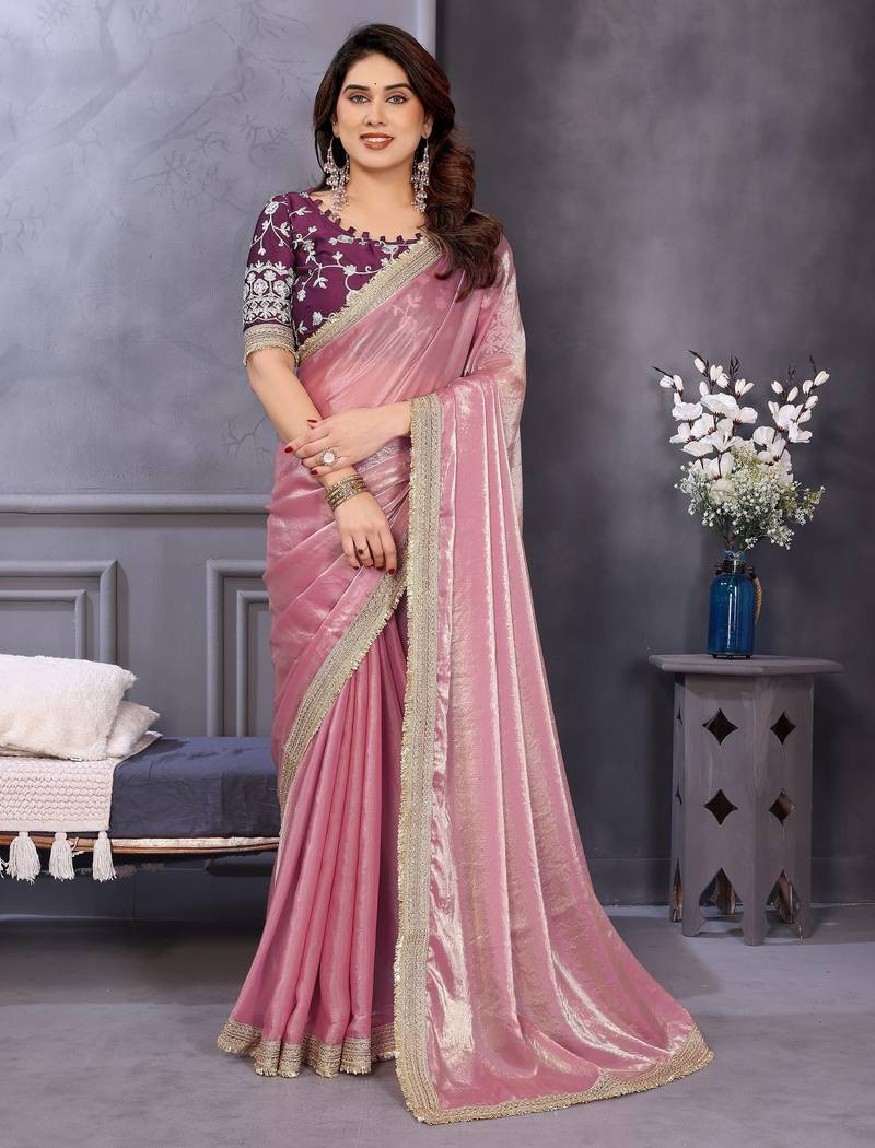 Pink fandy satin saree with embroidered lace border and matching blouse piece