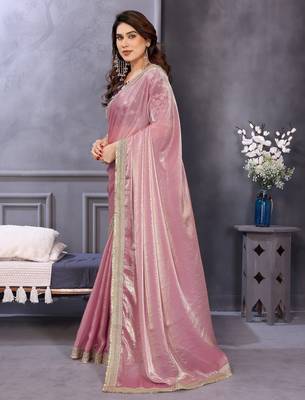 pink party wear satin saree with lace border 2