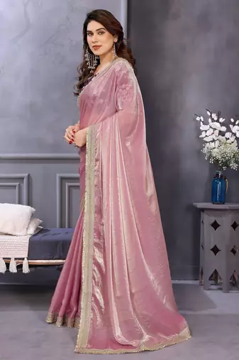 pink party wear satin saree with lace border