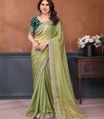 light green party wear satin saree with lace border