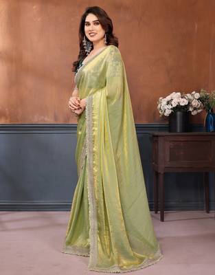 light green party wear satin saree with lace border 2
