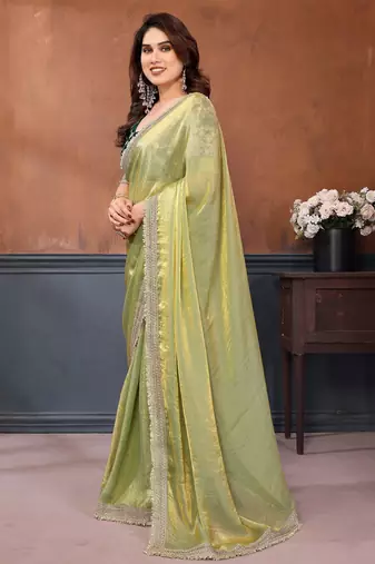 light green party wear satin saree with lace border