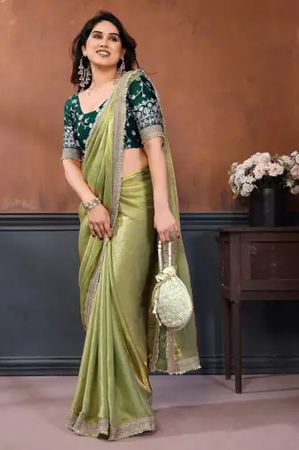 light green party wear satin saree with lace border