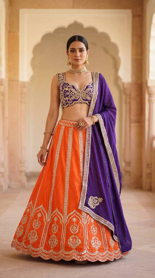 Two Tone Silk Lehenga Choli Sequins Embroidery Semi Stitched Designer Wedding Set