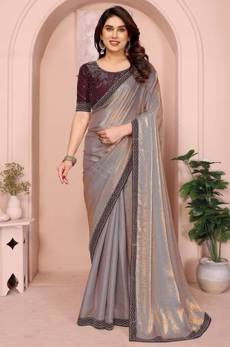 Gold fandy satin saree with sequence lace border and contrast blouse piece