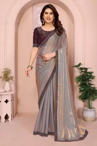 gold fandy satin saree with sequin lace border and designer blouse
