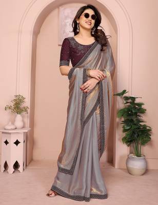 gold fandy satin saree with sequin lace border and designer blouse 3