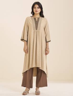 women’s beige viscose blend v neck kurta with front pleat design 1