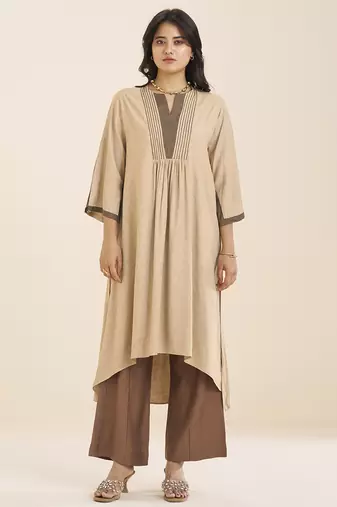 women’s beige viscose blend v neck kurta with front pleat design