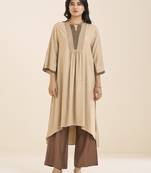 women’s beige viscose blend v neck kurta with front pleat design