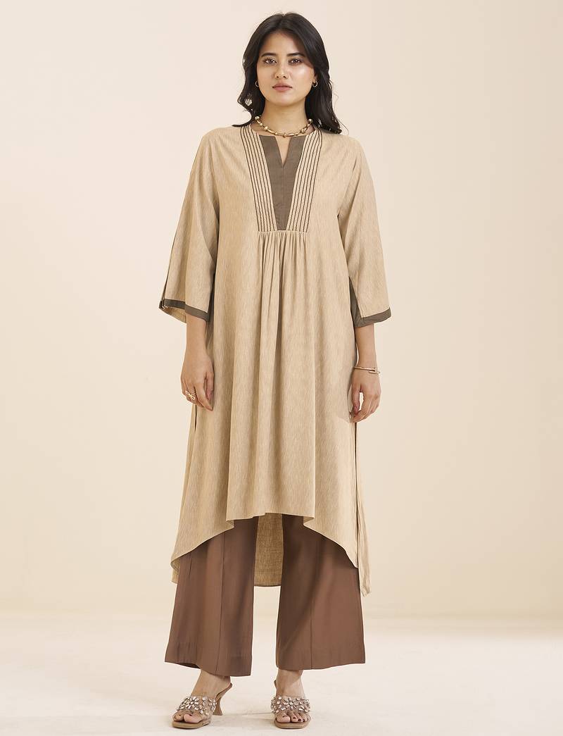 women’s beige viscose blend v neck kurta with front pleat design