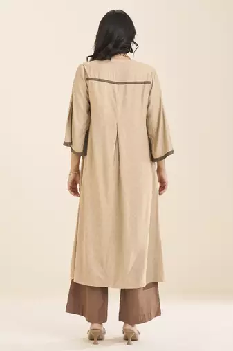 women’s beige viscose blend v neck kurta with front pleat design