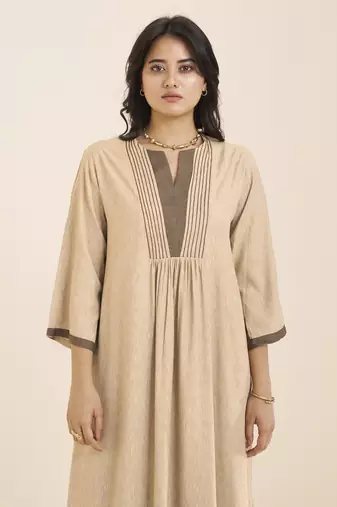 women’s beige viscose blend v neck kurta with front pleat design