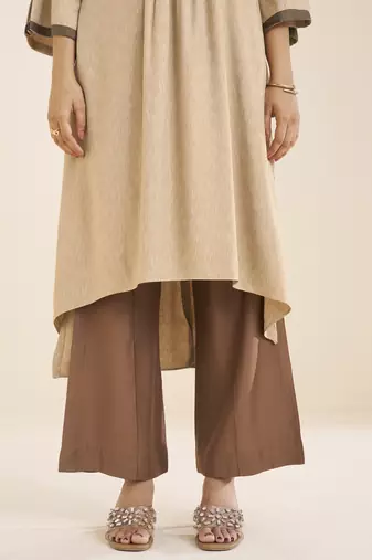 women’s beige viscose blend v neck kurta with front pleat design