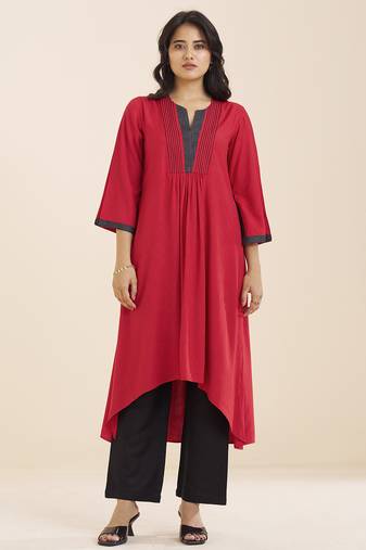 women’s red viscose blend v neck kurta with front pleat design