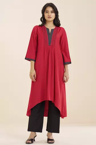 women’s red viscose blend v neck kurta with front pleat design