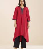 women’s red viscose blend v neck kurta with front pleat design