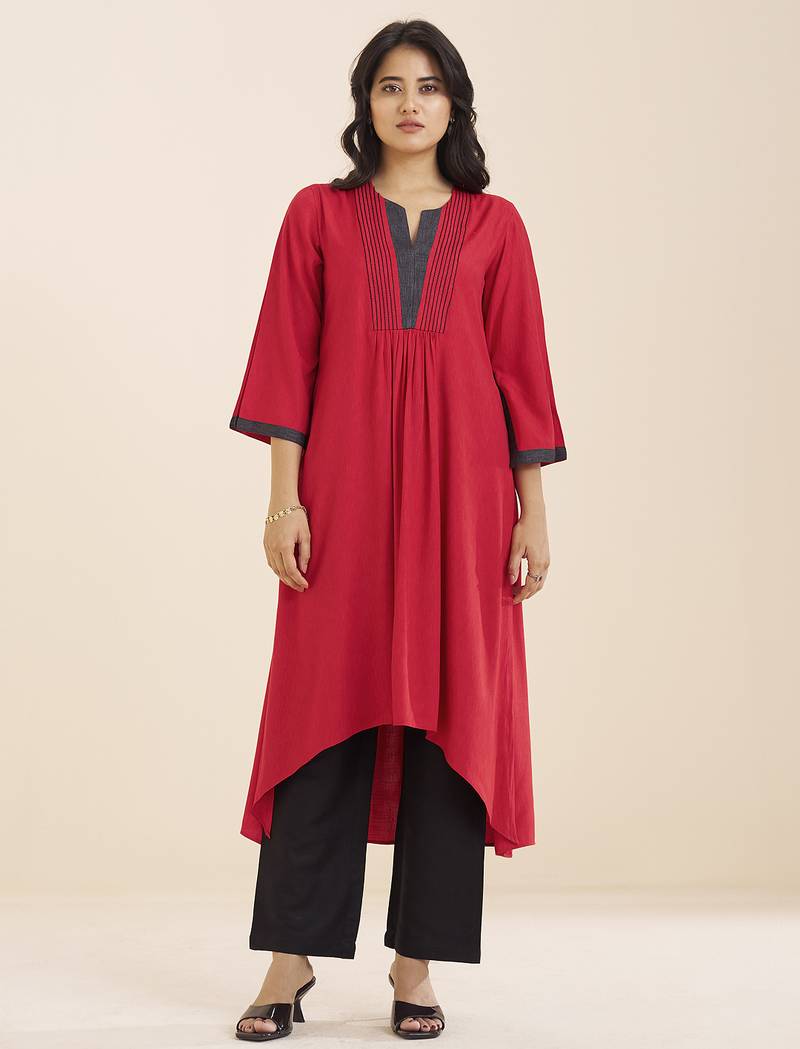 women’s red viscose blend v neck kurta with front pleat design