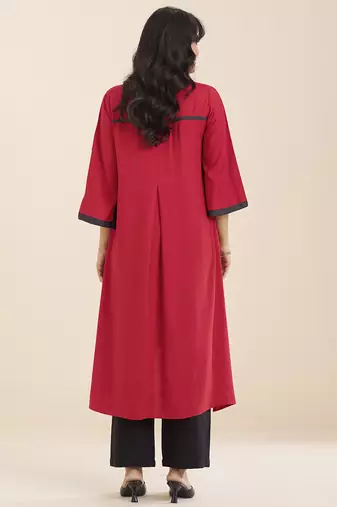 women’s red viscose blend v neck kurta with front pleat design