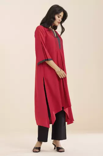 women’s red viscose blend v neck kurta with front pleat design