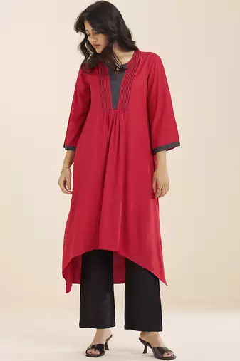 women’s red viscose blend v neck kurta with front pleat design