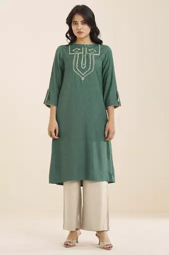premium sea green viscose blend ethnic kurta for women