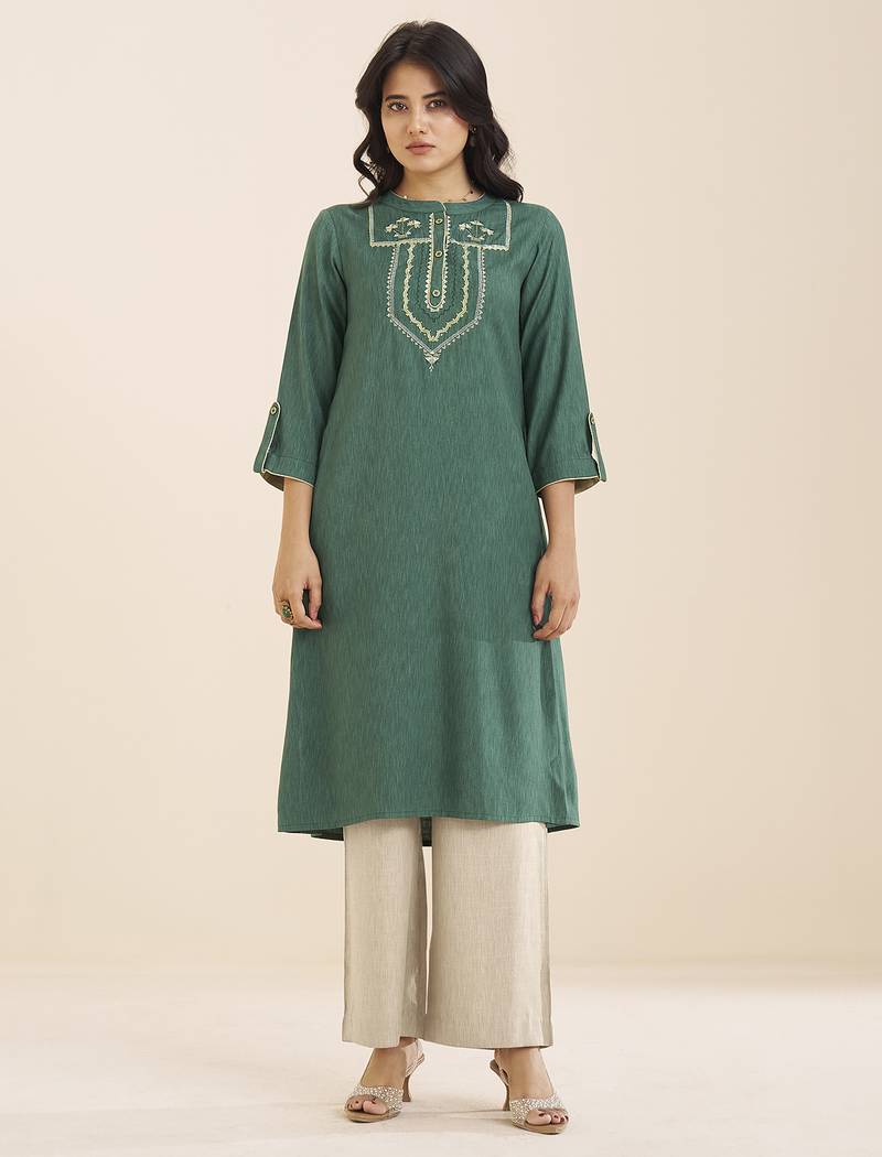 premium sea green viscose blend ethnic kurta for women