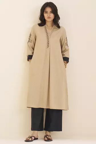 women’s beige viscose blend straight fit kurta for casual wear