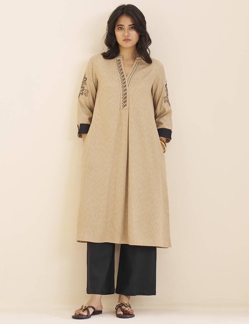 women’s beige viscose blend straight fit kurta for casual wear