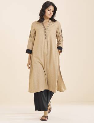 women’s beige viscose blend straight fit kurta for casual wear 3