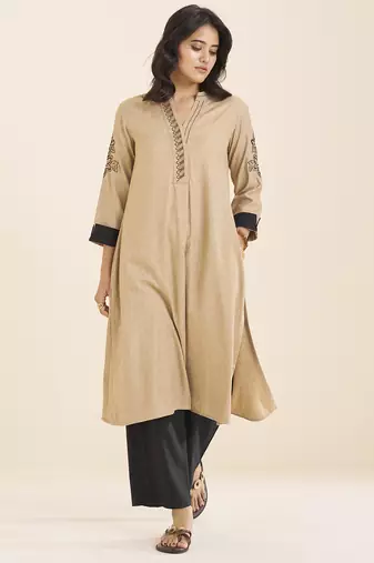 women’s beige viscose blend straight fit kurta for casual wear