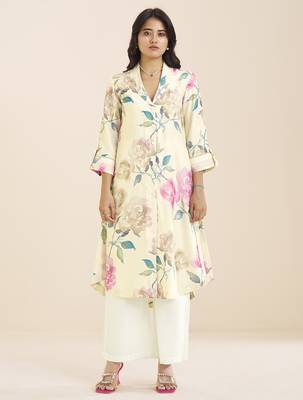 women’s linen blend cream kurta with soft pink floral print 1