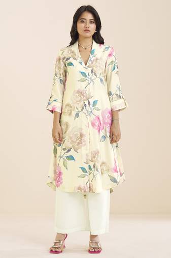 women’s linen blend cream kurta with soft pink floral print