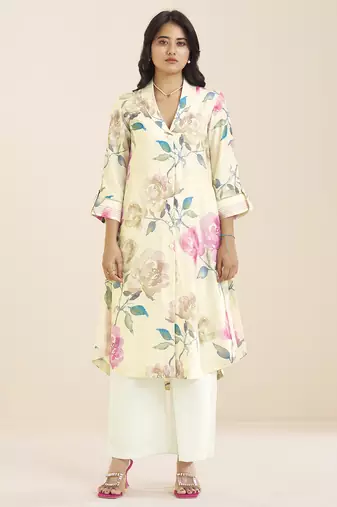 women’s linen blend cream kurta with soft pink floral print
