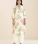 women’s linen blend cream kurta with soft pink floral print