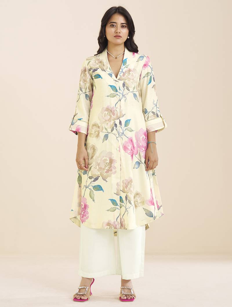 women’s linen blend cream kurta with soft pink floral print