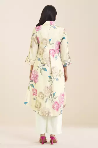 women’s linen blend cream kurta with soft pink floral print