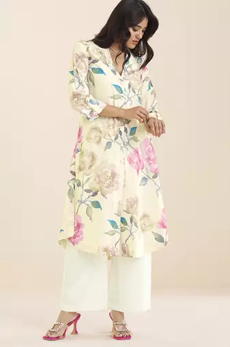 women’s linen blend cream kurta with soft pink floral print